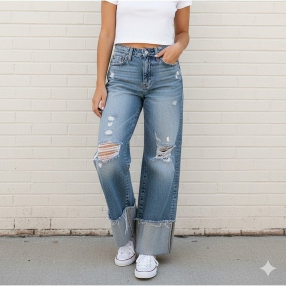 AG Jeans Wide Leg Women 24 Blue Distressed High Rise Cuffed Raw Hem Premium